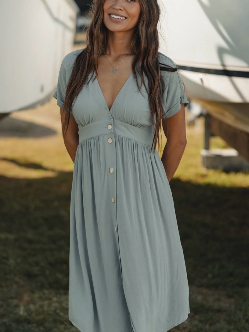 The Normal Brand Sage Green Button-Down Midi Summer Dress Deep V Button Thru - Picture 5 of 6